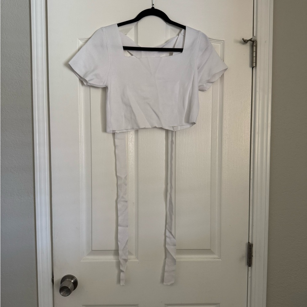 White Short Sleeve Square Neck Tie-Front Crop Top